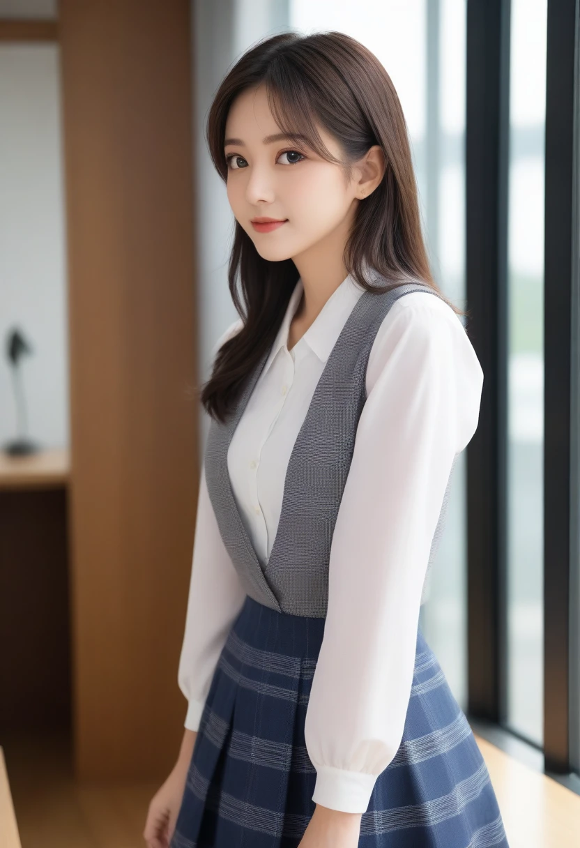 8K, Ultra-high resolution, Highest quality, masterpiece, 三分割法によるphotograph,Surreal, photograph, 1 Girl, (16 years old:1.3), pretty girl, Cute face, Beautiful eyes in every detail, 細かくdetailedに,masterpiece,, One Girl:1.2, Japan Female Announcer,whole body、Black Hair、well-groomed eyebrows、Cute Lip Makeup,1 Woman Standing, office worker, (White and grey checked vest:1.2) (Navy pencil skirt) , (Modern office indoors), Cityscape of windows, detailedな背景,Cute gestures、so beautiful,A carefree smile,Heal the heart,Blunt bangs,Looking at the audience、beauty,Long neck、Laugh a little、Please close your mouth and laugh、(((Ideal body type))),G-cup big breasts :2,、Portraiture:2、Perfect Anatomy、鮮明なdetailed、detailed、Surreal、Light and shadow,Strong light,Tight Skirt