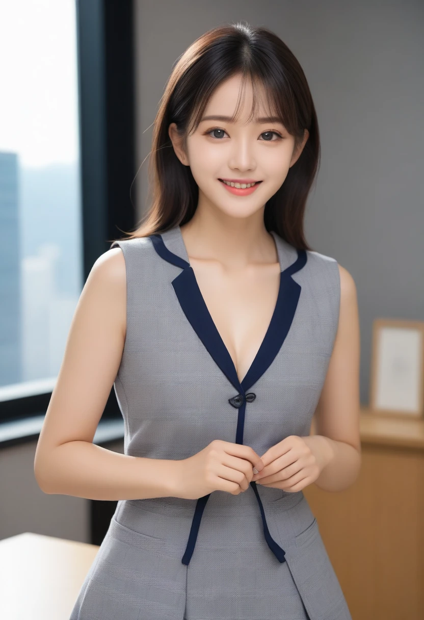 8K, Ultra-high resolution, Highest quality, masterpiece, 三分割法によるphotograph,Surreal, photograph, 1 Girl, (:1.3), pretty girl, Cute face, Beautiful eyes in every detail, 細かくdetailedに,masterpiece,, One Girl:1.2, Japan Female Announcer,whole body、Black Hair、well-groomed eyebrows、Cute Lip Makeup,1 Woman Standing, office worker, (White and grey checked vest:1.2) (Navy pencil skirt) , (Modern office indoors), Cityscape of windows, detailedな背景,Cute gestures、so beautiful,A carefree smile,Heal the heart,Blunt bangs,Looking at the audience、beauty,Long neck、Laugh a little、Please close your mouth and laugh、(((Ideal body type))),G-cup big breasts :2,、Portraiture:2、Perfect Anatomy、鮮明なdetailed、detailed、Surreal、Light and shadow,Strong light,Tight Skirt