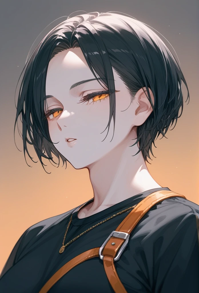 masterpiece, Score_9, Score_8_up, Score_7_up, rear view, 1 woman, alone, dark black hair, very short hair, long parted bangs, gold and orange eyes, half-closed eyes, parted lips, expressionless, pale skin, large breasts, top body,
Long open bangs, with a mole below the mouth, cut style (boy), No bangs, basic black shirt with V-neckline and straps.