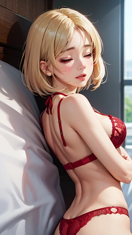 ((Browsing Caution:1.4, masterpiece, Highest quality, High resolution, 超High resolution, Pixel perfect, Written boundary depth, 4K, RTTX10.0, High resolution))), One Girl, single, alone, she, Beautiful Anime Girls, Beautiful art style, Anime characters, (((((short hair、Blonde、lure))))), ((Beautiful eyelashes)), ((Detailed face, Blushing:1.2)), ((Smooth texture:0.75, Realistic texture:0.5, Anime CG Style)), ((Beautiful and large breasts, Cleavage)), indoor, Bedroom, Dynamic Angle, Big Breasts, Perfect body, Underarm, ((Sleeping in bed, (Sleep on your back:1.5), sleepy, close your eyes, Lying in bed, Sleeping posture, Wake up)), ((close, throw, cute, Shoot the body, Sighing expression)), ((red bra color, Red Lingerie)), (Natural light, Reflection of light, Morning Scenery), Embarrassed expression, (Expression of sexual pleasure:1.8), (Expression of unbearable pain:1.2), The expression of someone who is holding back from going to the toilet, twist, Raise your hand