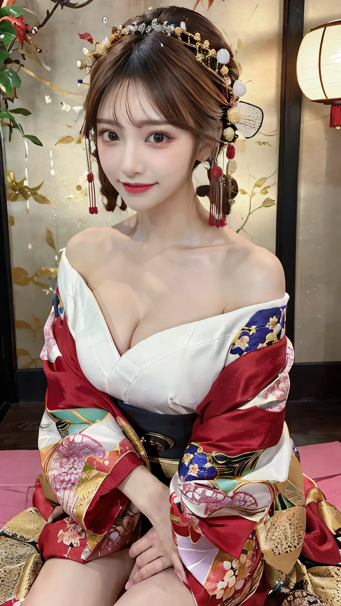 (Detailed skin:1.2),(Shiny skin:1.1),8K,Highest quality, masterpiece, Ultra-high resolution,(Realistic:1.4), RAW Photos,(Soft saturation:1.3),(Fair skin:1.2),Half-Japanese beauty,repair,20 years, Light brown hair, (Up-Hairstyles:1.2), Asymmetrical Hair, (Pretty face:1.4), (Large Breasts, Tight waist), Beautiful lighting, (Sexy Oiran:1.2,),Highly detailed face, Highly detailed lips, fine grain, double eyelid, (Sharp focus: 1.2), (Perfect Anatomy),(Beautiful woman with perfect figure: 1.2)、Exposing cleavage、Random sexy poses,(Accentuate your leg lines:1.1)、kimono、Sharp Eyes,smile、Gorgeous hair ornament、Japanese style background