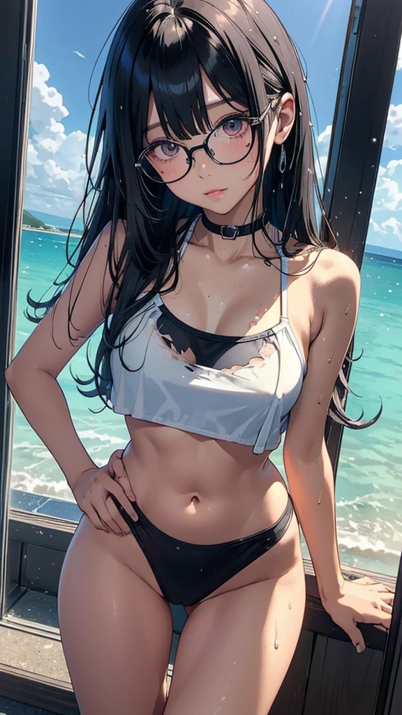 (Superflat, Flat Shading, Flat Color:1.1)、(Boyish Asian Girl)、(cute:1.2)、Very beautiful 17 year old girl、Great smile、Blushing cheeks、(Skin with attention to detail: 1.2)、Photorealistic anime girl rendering、Realistic Anime 3D Style、Intense black eyes、Strong eye highlights、(Detailed、Medium Chest)、Perfect Anatomy、My hair is messy、昔ながらのSchool Swimsuit、((A torn and tattered swimsuit))、School Swimsuit、((Wet))、From below、セクシーなSchool Swimsuitを披露、面積の小さいSchool Swimsuit、Angle from the feet、From belowの角度、((From below見上げるアングル、Showing crotch))、Volumetric lighting、Soft Light、bright、neon、Vibrant colors、Watercolor、((Black-rimmed glasses))、Bangs that cover the eyes、Big Breasts、Soaking wet、Touching the groin