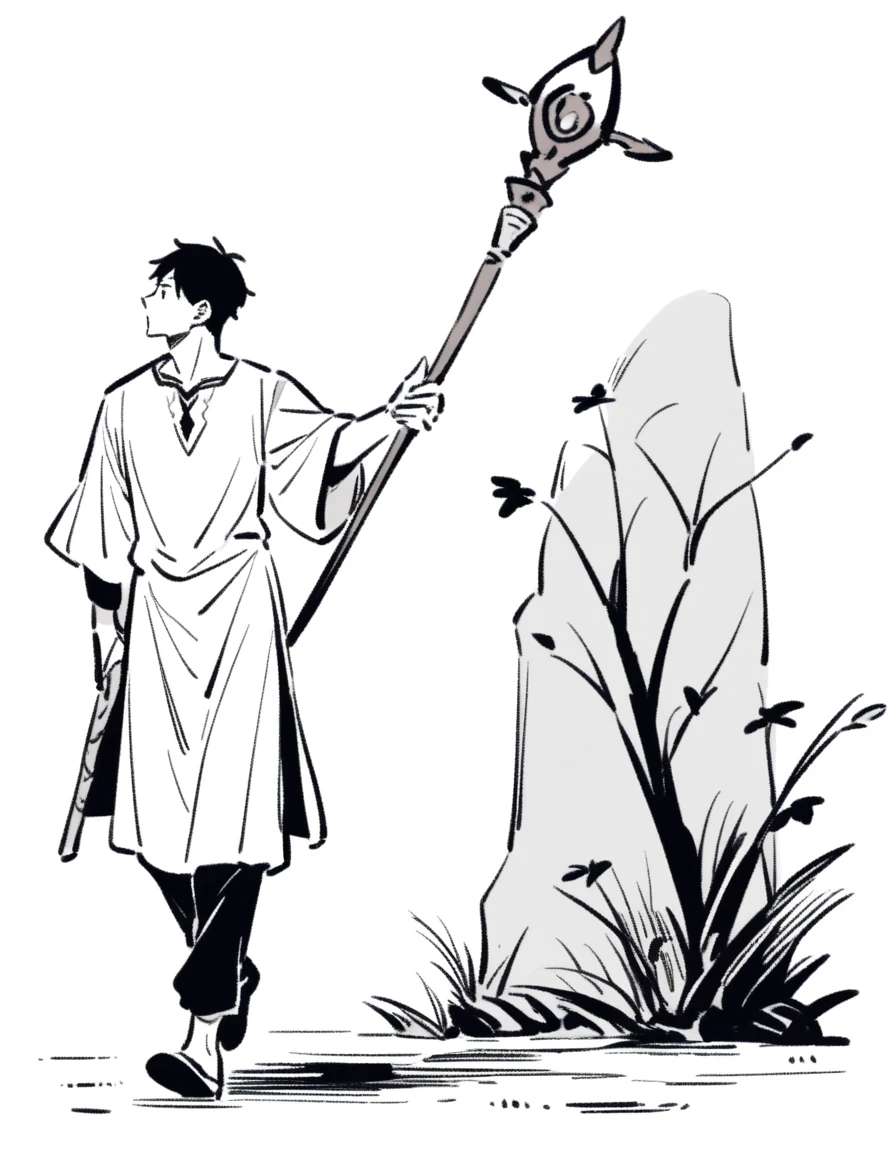 Man in tunic walking with a staff in his hand (side image)