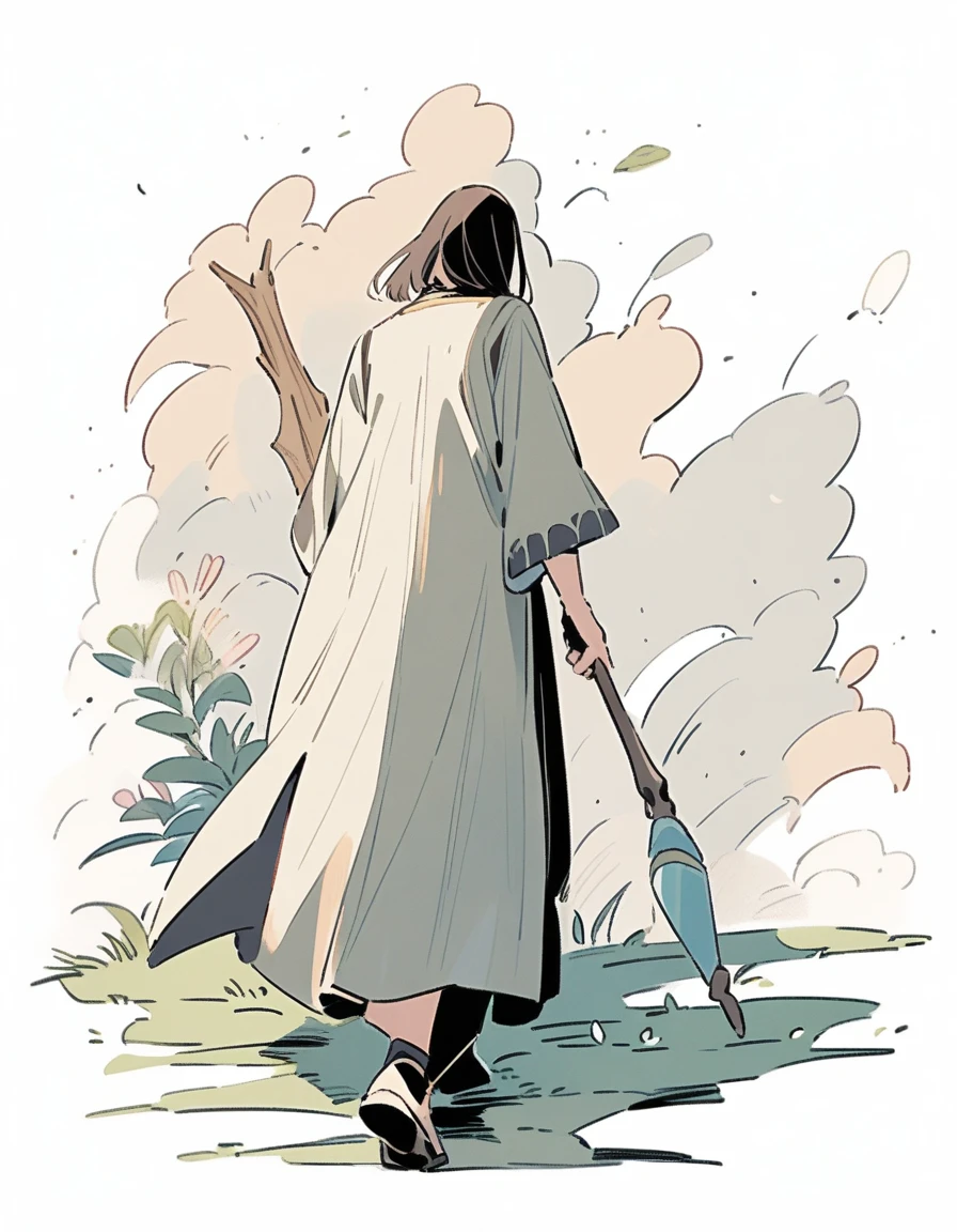 Man in tunic walking with a staff in his hand (side image)