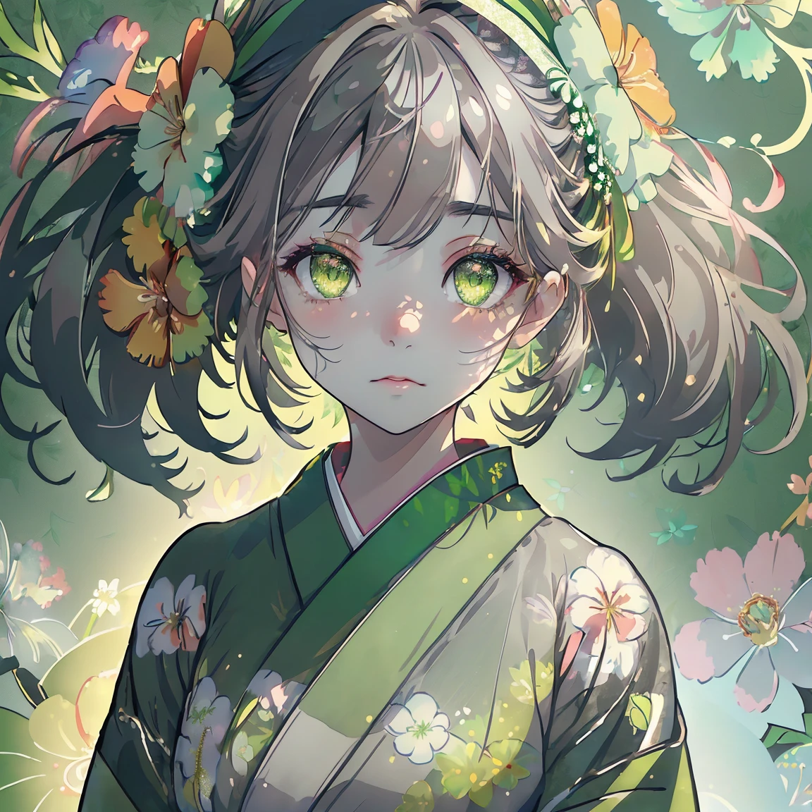 watercolor paiting、(((green floral background:1.3)))、Best Quality, masutepiece, High resolution, (((1girl in))), sixteen years old,(((Eyes are gray:1.3)))、black hair,green kimono,((beautiful green kimono)), Tindall Effect, Realistic, Shadow Studio,Ultramarine Lighting, dual-tone lighting, (High Detail Skins: 1.2)、Pale colored lighting、Dark lighting、 Digital SLR, Photo, High resolution, 4K, 8K, Background blur,Fade out beautifully、green flower world white background looking to the left looking at viewer