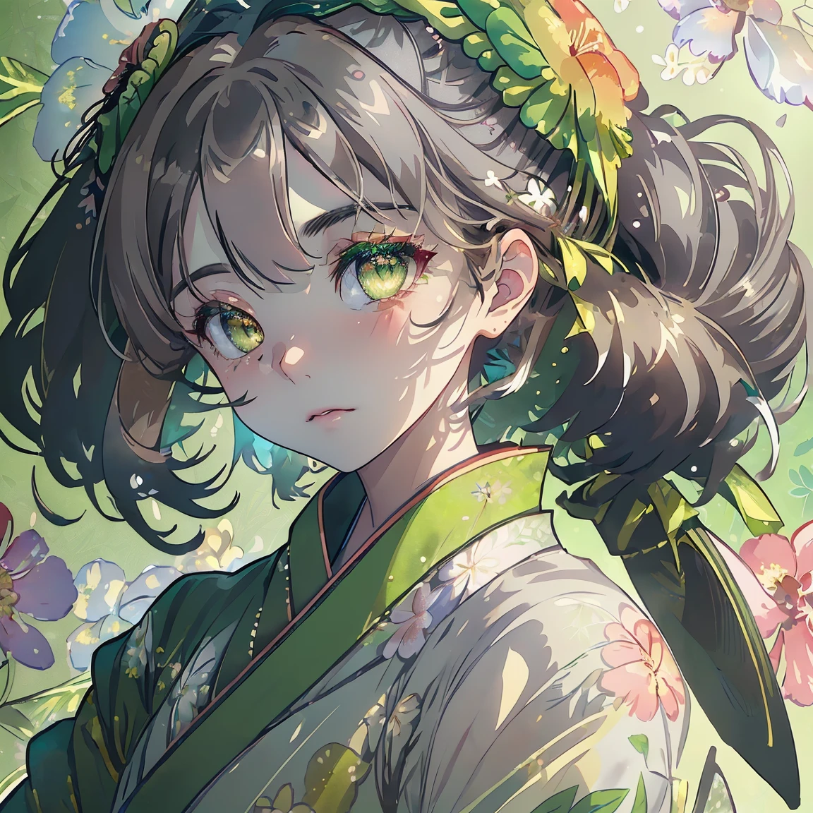 watercolor paiting、(((green floral background:1.3)))、Best Quality, masutepiece, High resolution, (((1girl in))), sixteen years old,(((Eyes are gray:1.3)))、black hair,green kimono,((beautiful green kimono)), Tindall Effect, Realistic, Shadow Studio,Ultramarine Lighting, dual-tone lighting, (High Detail Skins: 1.2)、Pale colored lighting、Dark lighting、 Digital SLR, Photo, High resolution, 4K, 8K, Background blur,Fade out beautifully、green flower world white background looking to the left looking at viewer