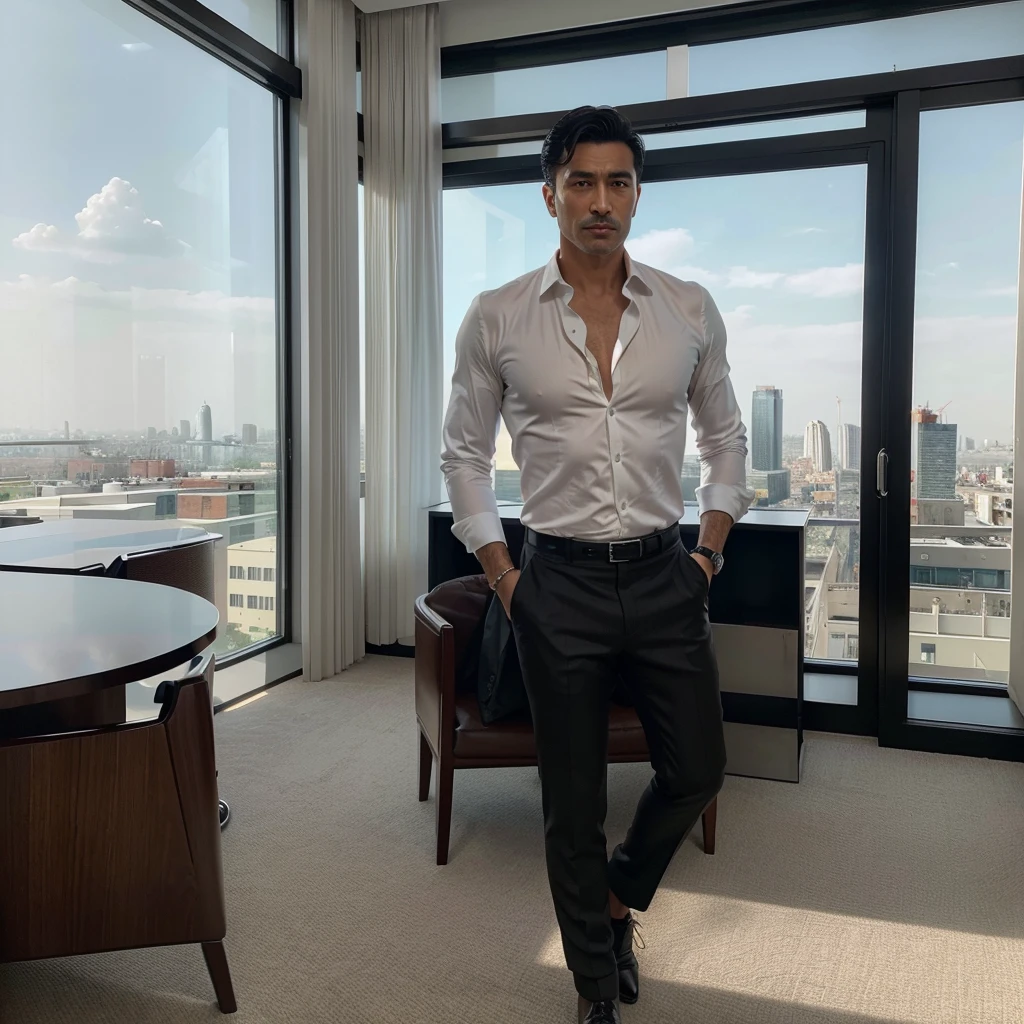 "Generate a hyper-realistic image of a wealthy Oriental executive man in his mid-40s. He is dressed in an impeccably tailored dark suit with a crisp white shirt and a silk tie. He exudes confidence and sophistication, with a calm, composed expression. The background features a luxurious office setting with large windows showcasing a panoramic city skyline. His sleek hairstyle, expensive wristwatch, and polished shoes highlight his wealth and status."