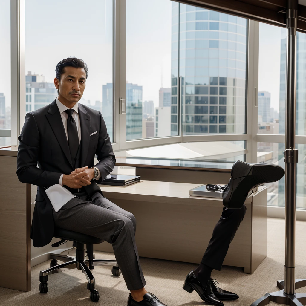 "Generate a hyper-realistic image of a wealthy Oriental executive man in his mid-40s. He is dressed in an impeccably tailored dark suit with a crisp white shirt and a silk tie. He exudes confidence and sophistication, with a calm, composed expression. The background features a luxurious office setting with large windows showcasing a panoramic city skyline. His sleek hairstyle, expensive wristwatch, and polished shoes highlight his wealth and status."