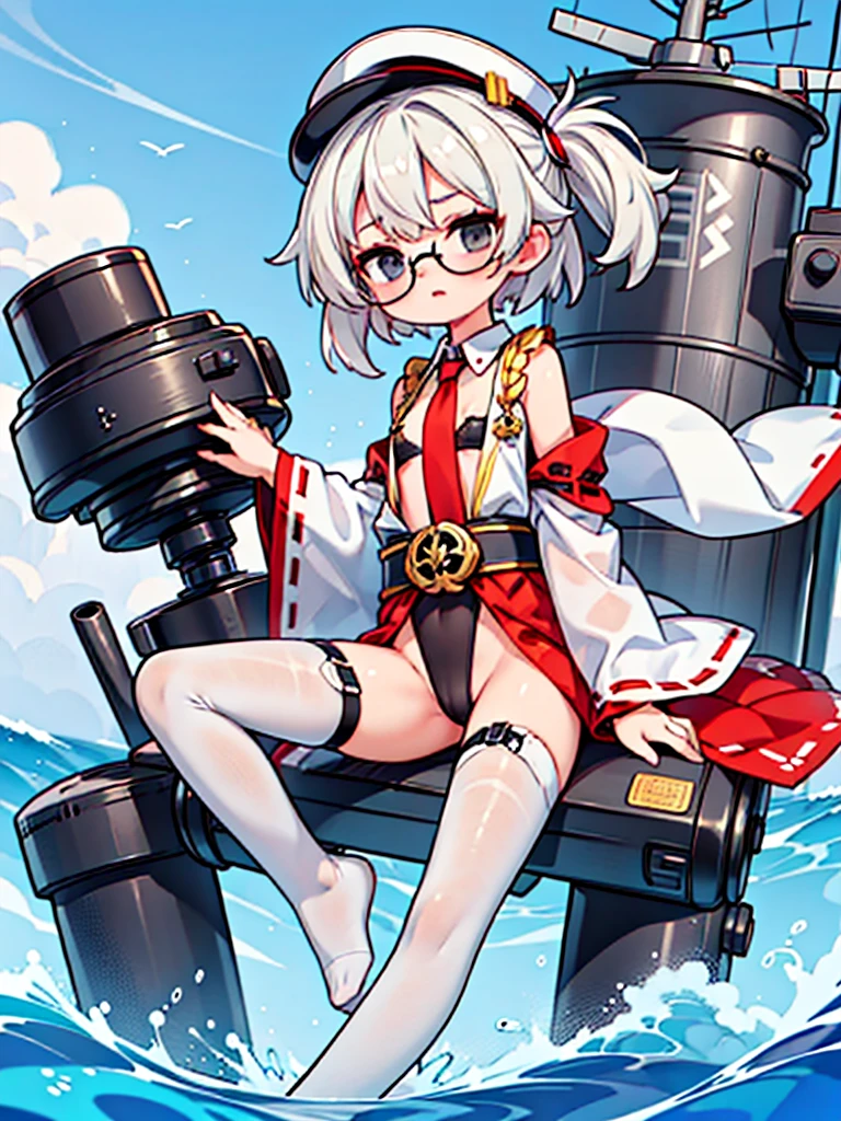 (((masterpiece, Vision))), ((((Full body of a woman with perfect flat chest、solo、Short unkempt black hair、Tie your messy hair at the nape of your neck、white military jacket、Miko costume、tights、Black glasses、White military cap、Cloudy black eyes、Confused eyes、Junyo-inspired emblem)))), (((Shipgirl))), ((Floating on the morning sea with both feet)), (Spread your legs wide open), (Hold the turret grip with your right hand), (Mechanical arms extending from the waist are used to equip the ship with battleship equipment.), (Equipped with a turret on the back), (Left arm holds the triple turret grip), Shotgun belt on thigh, Spreading the Machine's Wings, The machine's tail supports the turret,