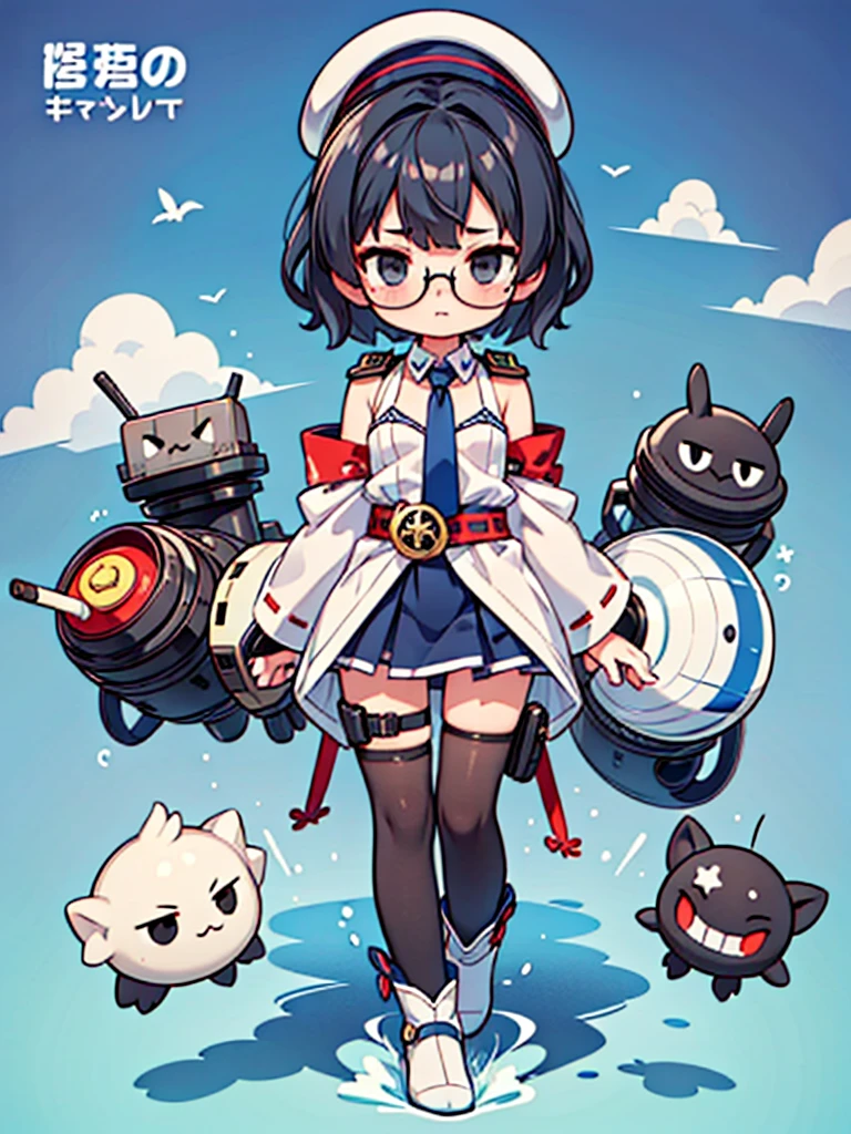 (((masterpiece, Vision))), ((((Full body of a woman with perfect flat chest、solo、Short unkempt black hair、Tie your messy hair at the nape of your neck、white military jacket、Miko costume、tights、Black glasses、White military cap、Cloudy black eyes、Confused eyes、Junyo-inspired emblem)))), (((Shipgirl))), ((Floating on the morning sea with both feet)), (Spread your legs wide open), (Hold the turret grip with your right hand), (Mechanical arms extending from the waist are used to equip the ship with battleship equipment.), (Equipped with a turret on the back), (Left arm holds the triple turret grip), Shotgun belt on thigh, Spreading the Machine&#39;s Wings, The machine&#39;s tail supports the turret,  