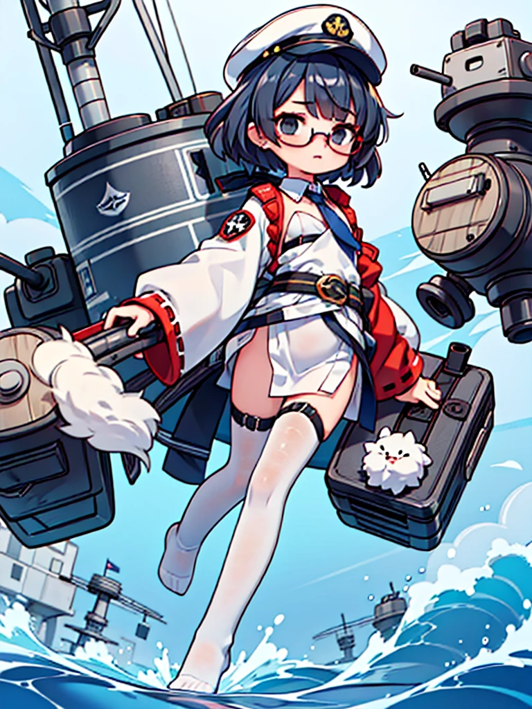 (((masterpiece, Vision))), ((((Full body of a woman with perfect flat chest、solo、Short unkempt black hair、Tie your messy hair at the nape of your neck、white military jacket、Miko costume、tights、Black glasses、White military cap、Cloudy black eyes、Confused eyes、Junyo-inspired emblem)))), (((Shipgirl))), ((Floating on the morning sea with both feet)), (Spread your legs wide open), (Hold the turret grip with your right hand), (Mechanical arms extending from the waist are used to equip the ship with battleship equipment.), (Equipped with a turret on the back), (Left arm holds the triple turret grip), Shotgun belt on thigh, Spreading the Machine's Wings, The machine's tail supports the turret,