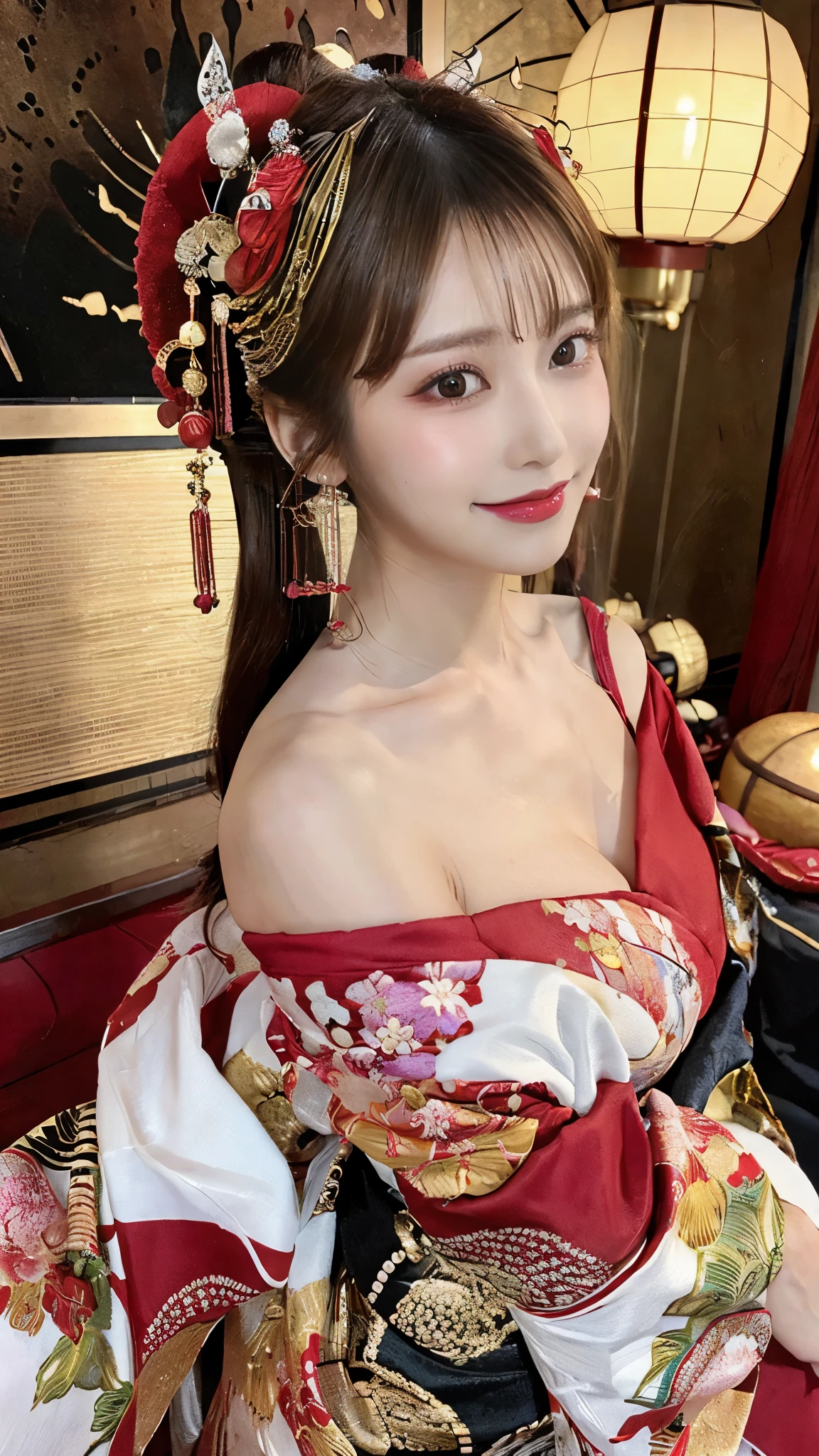 (Detailed skin:1.2),(Shiny skin:1.1),8K,Highest quality, masterpiece, Ultra-high resolution,(Realistic:1.4), RAW Photos,(Soft saturation:1.3),(Fair skin:1.2),Half-Japanese beauty,repair,20 years, Light brown hair, （Up-Hairstyles:1.2), Asymmetrical Hair, (Pretty face:1.4), (Large Breasts, Tight waist), Beautiful lighting, (Sexy Oiran:1.2,),Highly detailed face, Highly detailed lips, fine grain, double eyelid, （Sharp focus: 1.2）, （Perfect Anatomy),(Beautiful woman with perfect figure: 1.2）、Exposing cleavage、Random sexy poses，(Accentuate your leg lines:1.1)、kimono、Sharp Eyes,smile、Gorgeous hair ornament、Japanese style background