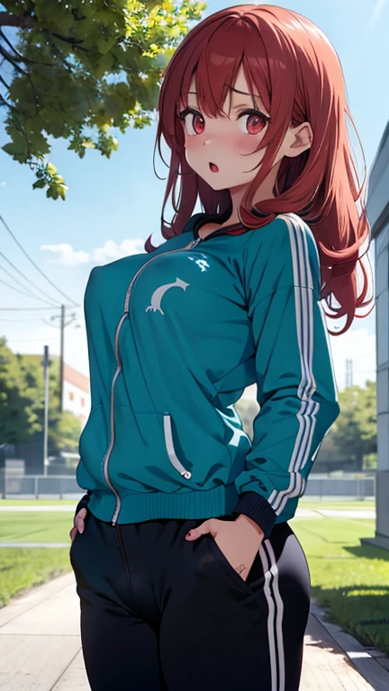 mastute piece,Best Quality,insanely detailed,8k cg,nsfw,
(shoot upper body:1.3),
(1girls:1.3),standing,looking at viewr,body in front,both arms behind back,(school-tracksuit:1.3,buruma:1.3),(bare breasts:1.1),(bare nipples:1.1),
break,
blush,shy,(ecstasy face),(trembling:1.2),break,(light red hair:1.2),
break,
perfect breasts,perfect teats,(open mouth:0.9),(large breasts:1.2),
(outdoor sports field)、
