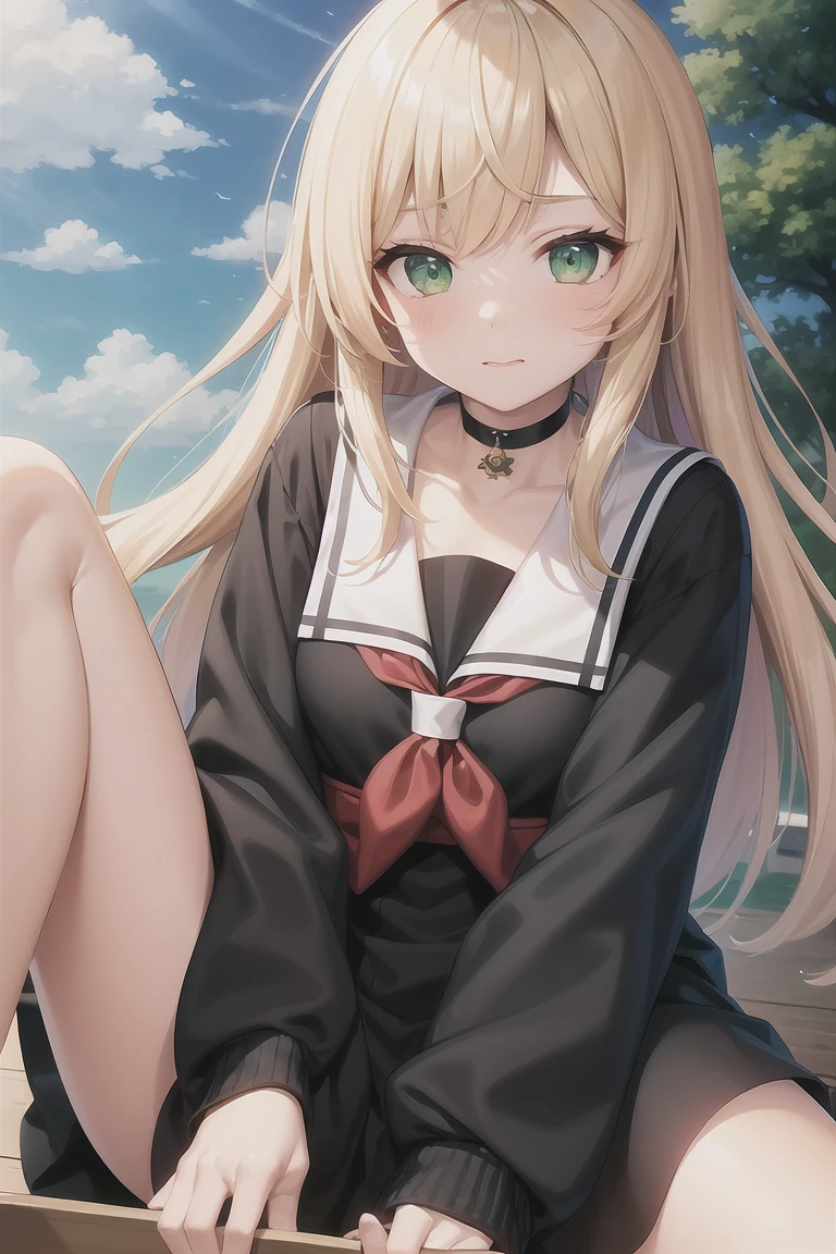 masterpiece, Highest quality, Perfect lighting, Facial Lighting, blonde, choker, Green Eyes, Long Hair, Black Sailor Suit, Japanese ,blush, Breakwatch Viewer, Outdoor break, Leg spread