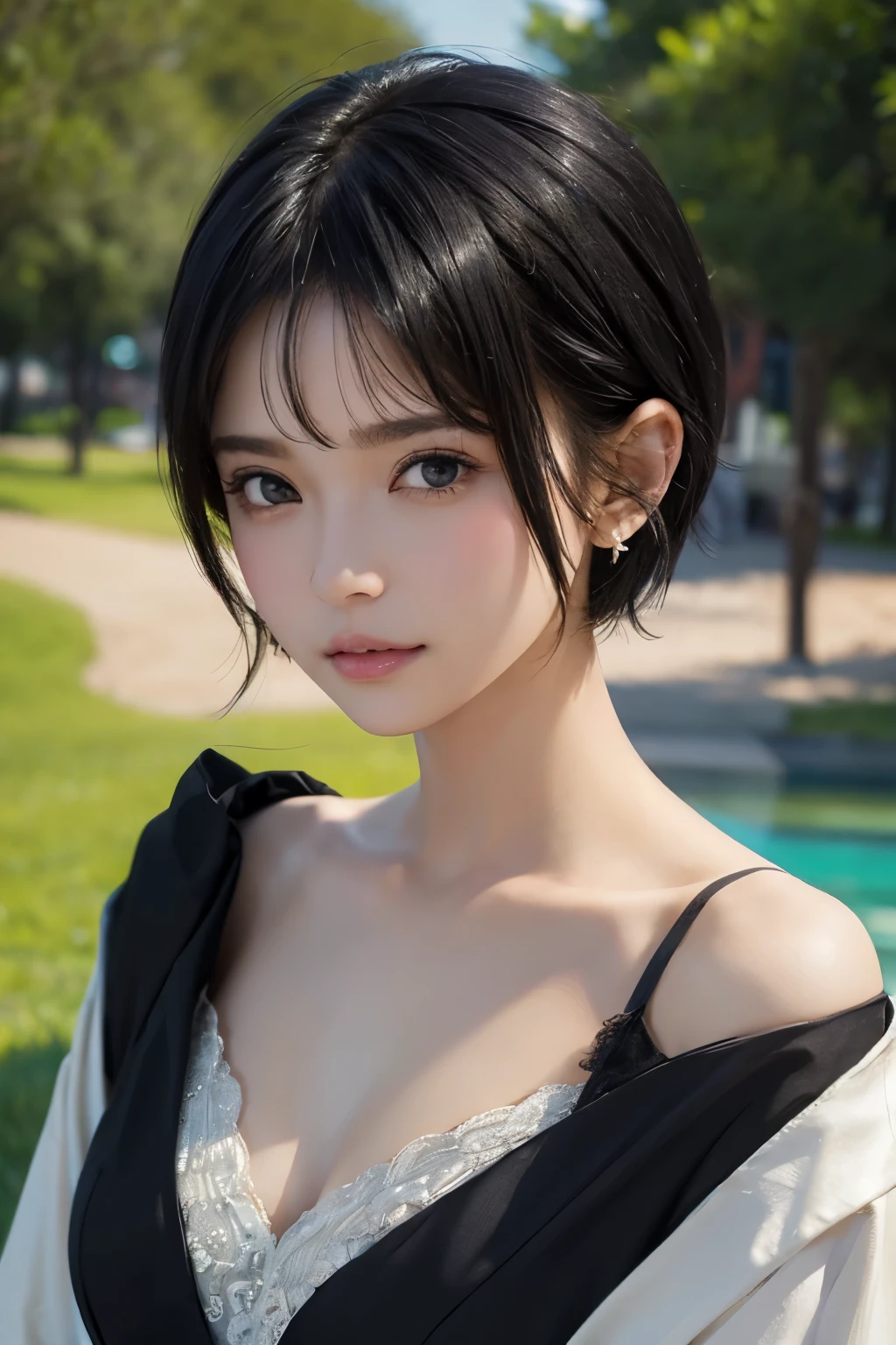 (((Black Short Hair))), (Louvre Museum), Seductive pose, Background is grassland、Image from chest up:1.6)、Close-up portrait of a woman wearing a white off-the-shoulder top dress and earrings, Soft portrait shot 8k, Nice delicate face, High-quality 4K portraits, High-quality portraits, Soft, perfect, pale skin, 8K Highly Detailed Face, なbeautiful繊細な顔, beautiful光の大きな目, Beautiful and realistic face, beautiful１４Old woman, Beautiful and realistic face, cute１４Old woman