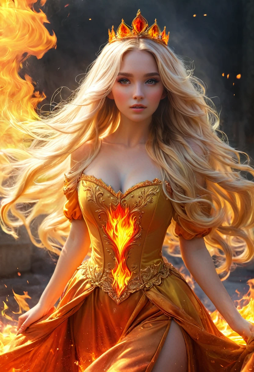 blonde with long hair in a princess outfit full-length engulfed in fire