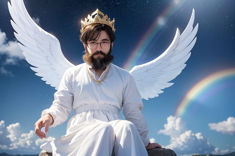 Glasses, beard、A boy angel、Image of sitting on a soft cloud。The background is a clear blue sky、A rainbow is hanging。Around the angel、Sparkling particles of light and tiny stars are dancing。The angel costume、White gown and little gold crown。A gentle smile appeared on his face、The angel's wings shine as they reflect the light。