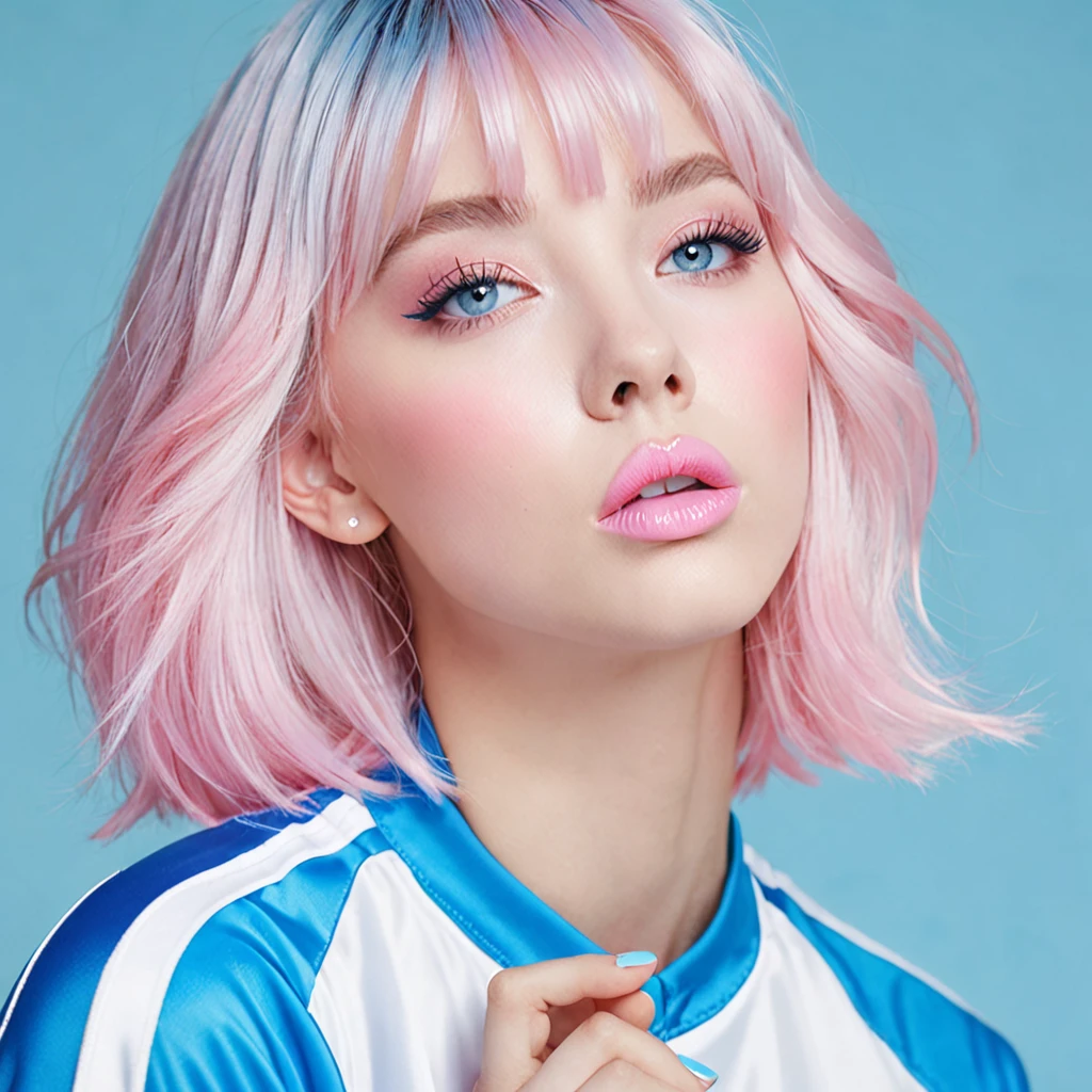 Girl, light pink hair, blue eyes, beautiful, cheerleader uniform, pastel colors, face close-up, flat, lip gloss, brat, ethereal, short hair, puckering up, kissy face, blowing a kiss, lips closed