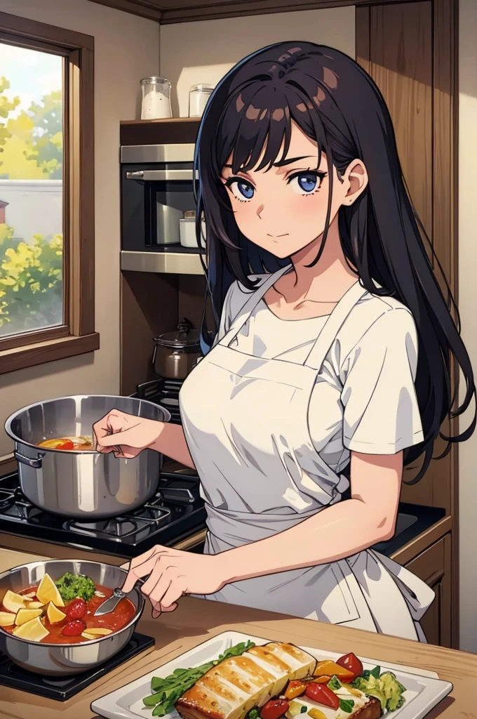 Woman in kitchen, looking at camera while cooking fancy food