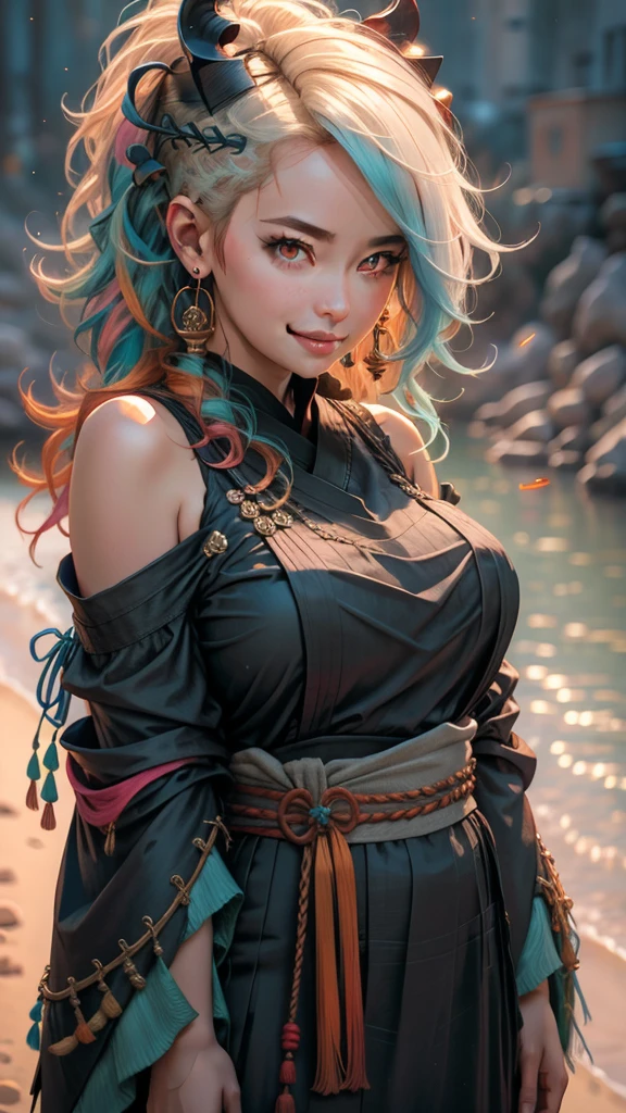 ultra realistic 8k cg, masterpiece, ((ultra detailed background, delicate pattern, intricate detail)), (highly detailed, fine details), best quality, (photorealistic:1.4),beautiful lighting, absurdres, RAW photo, film grain, ((Big breasts, Masculine girl)), Yamato, long hair, 1girl, horns, white hair, solo, oni, red horns, curled horns, hair ornament, (multicolored horns), jewelry, earrings, japanese clothes, kimono, hair stick, sleeveless, bare shoulders, aqua hair, sidelocks, hoop earrings, hakama, smile, wide smile, ((orange eyes, Masculine girl, Big breasts)), (complex detailed background, barren land, moon, portrait, close-up),