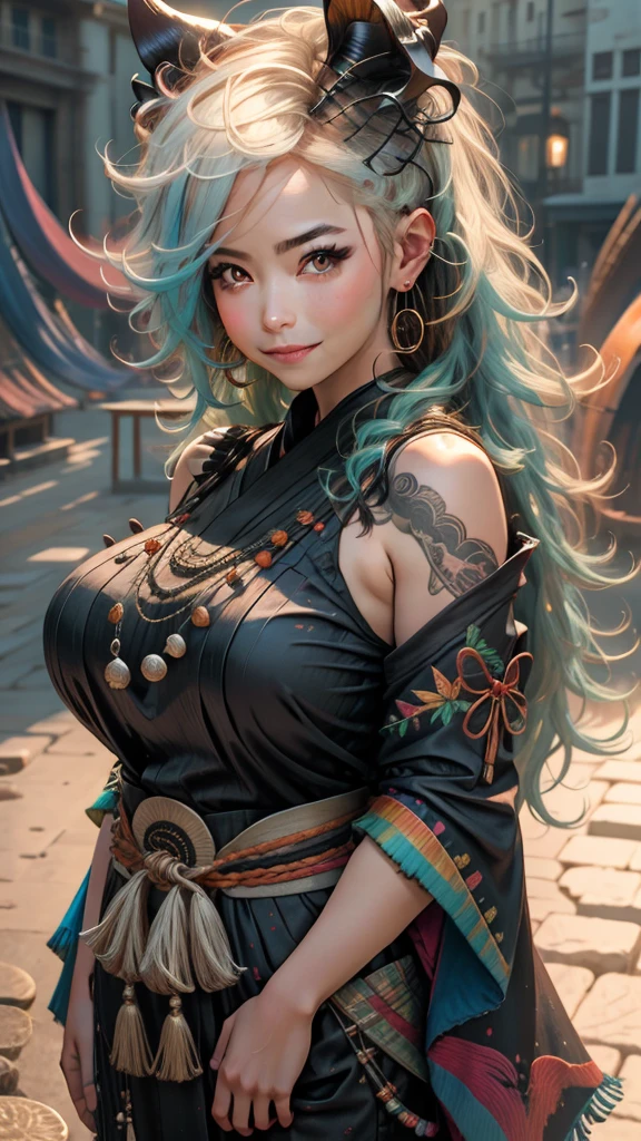 ((Best quality)), ((masterpiece)), ((realistic)), (1 girl: 1.5), The comic image of a ((african goddess girl)) with a (very aggressive face:1.2), dark skin, (realy luxuriant afro-textured hair rainbowned), gorgeous, sexy, curvy, busty, (geisha eyes), heterochromia