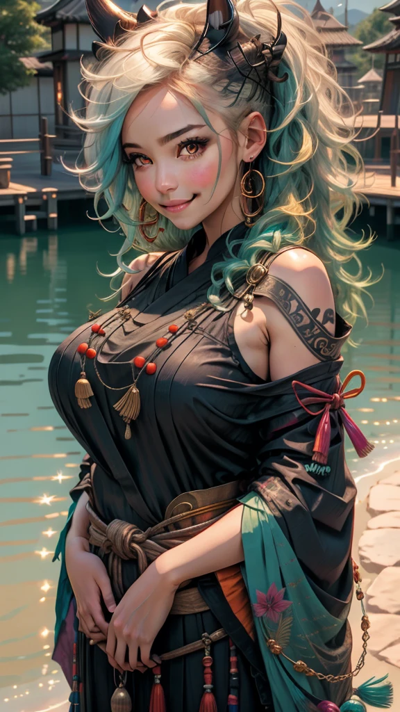 ultra realistic 8k cg, masterpiece, ((ultra detailed background, delicate pattern, intricate detail)), (highly detailed, fine details), best quality, (photorealistic:1.4),beautiful lighting, absurdres, RAW photo, film grain, ((Big breasts, Masculine girl)), Yamato, long hair, 1girl, horns, white hair, solo, oni, red horns, curled horns, hair ornament, (multicolored horns), jewelry, earrings, japanese clothes, kimono, hair stick, sleeveless, bare shoulders, aqua hair, sidelocks, hoop earrings, hakama, smile, wide smile, ((orange eyes, Masculine girl, Big breasts)), (complex detailed background, barren land, moon, portrait, close-up),