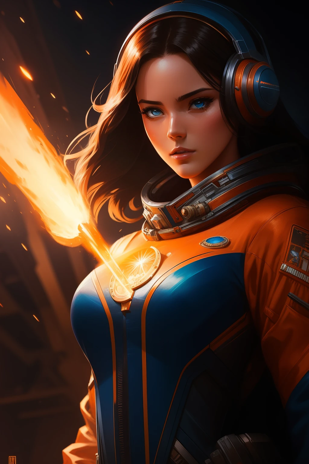 artistry similar Jonh Buscema,woman 25 years old handsome astronaut 1950 , deep blue eyes, Clothes in orange color white metallic details, cinematographic, photoshoot, Meia contra-luz, contra-luz, dramatic lighting , Incandescent, soft lighting, Insanely detailed and intricate, Hyper maximalist, artistry, not Guweiz style, elegant pose, dynamic, fot, Volumetric , ultra detaild, details Intricate, Guweiz's Super Detailed Masterpiece, futuristic atmosphere
