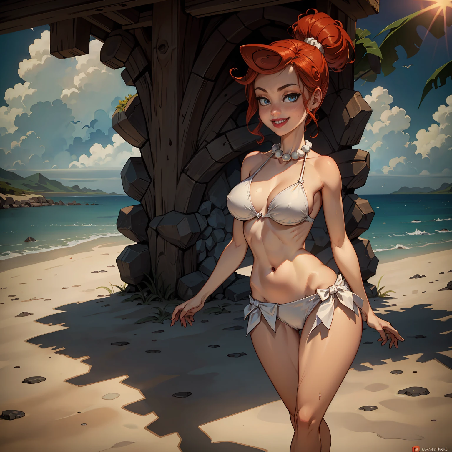 Wilma flintstone, ((ponytail, red hair, glowing blue eyes, lipstick, pearl necklace, makeup, narrow waist, skinny, medium breasts)), pelvic curtain, ((white bikini)), full body, perfect body, (insanely detailed, beautiful detailed face, masterpiece, best quality) , (((solo))), (((1girl))), (((mature))), (extremely detailed 8k paper CG wall unit: 1.1), (beach, ocean, dusk), (smile face for the viewer),