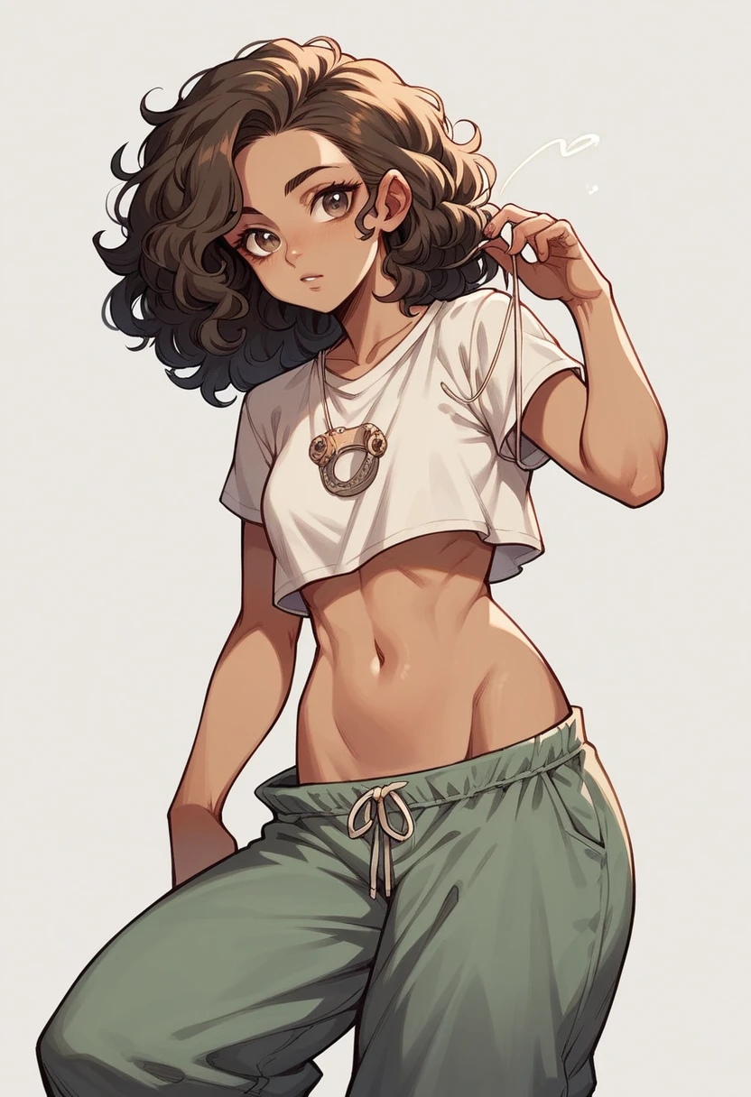 generates a woman with curly hair, very light brown eyes, brunette skin, Very beauthful, modern clothing, loose string pants and crop top