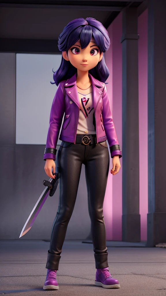 Adult Asian woman with pink eyes and dark blue hair with bangs divided into three strands, with part of the strands dyed pink, She wears a black leather jacket with a purple shirt underneath holding a katana in a sheath that is clipped to her dark gray jeans with shiny black leather boots in a secret base in an underground parking lot