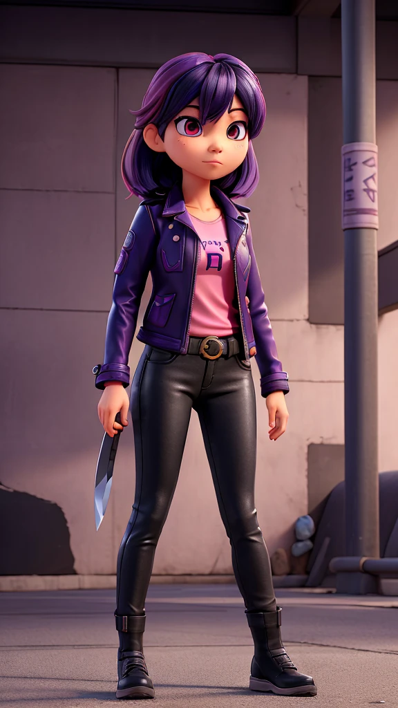 Adult Asian woman with pink eyes and dark blue hair with bangs divided into three strands, with part of the strands dyed pink, She wears a black leather jacket with a purple shirt underneath holding a katana in a sheath that is clipped to her dark gray jeans with shiny black leather boots in a secret base in an underground parking lot