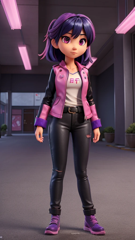Adult Asian woman with pink eyes and dark blue hair with bangs divided into three strands, with part of the strands dyed pink, She wears a black leather jacket with a purple shirt underneath holding a katana in a sheath that is clipped to her dark gray jeans with shiny black leather boots in a secret base in an underground parking lot