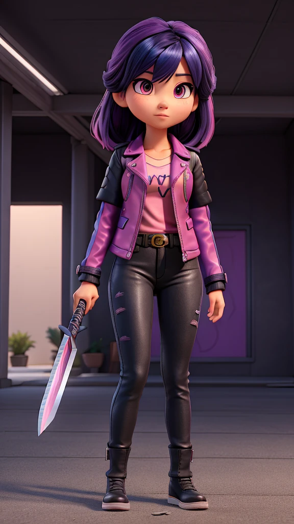 Adult Asian woman with pink eyes and dark blue hair with bangs divided into three strands, with part of the strands dyed pink, She wears a black leather jacket with a purple shirt underneath holding a katana in a sheath that is clipped to her dark gray jeans with shiny black leather boots in a secret base in an underground parking lot 