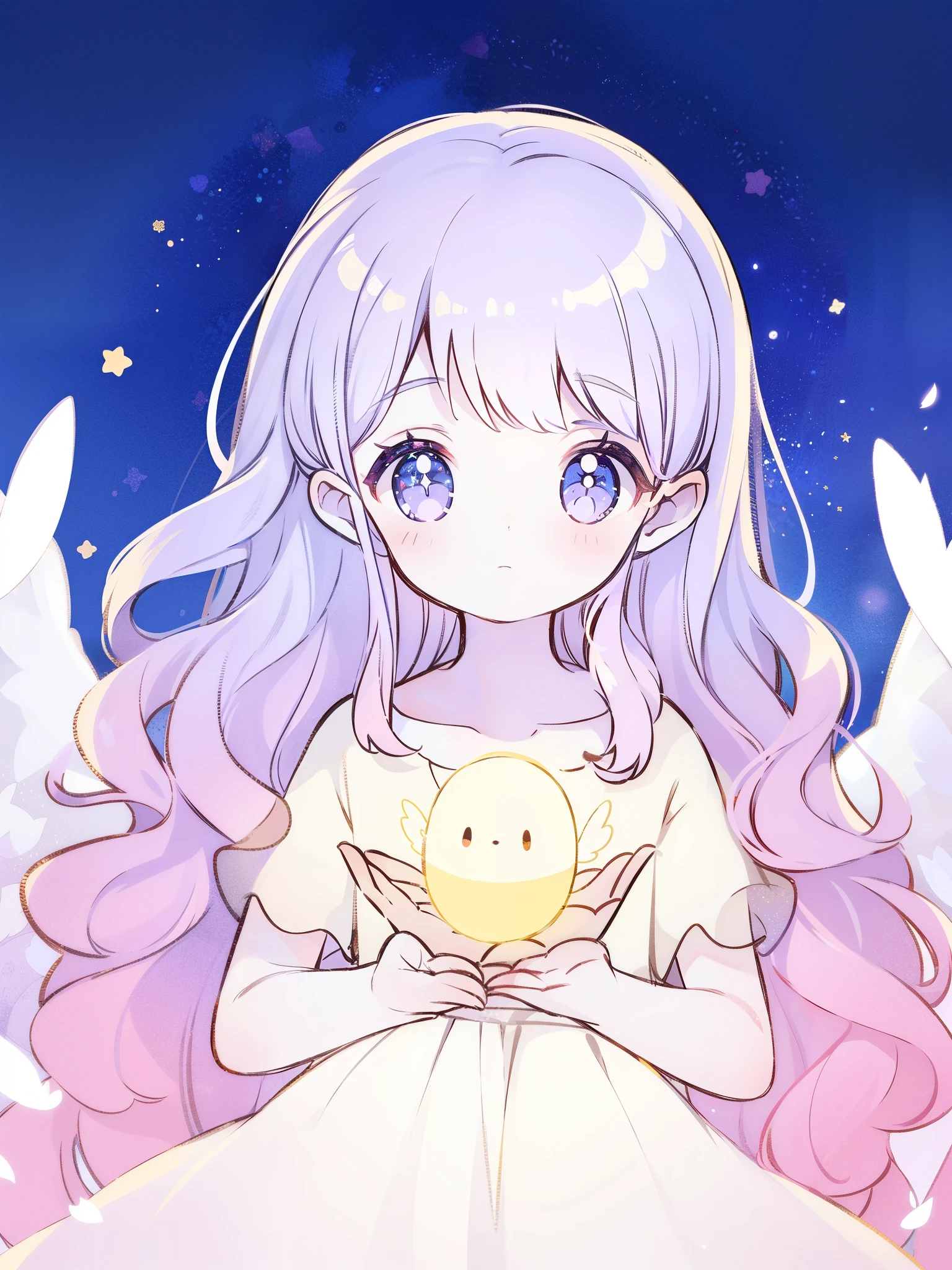 nude angel girl wearing an ethereal translucent dress, pale skin, ((wavy blue hair)), white feathers, angel wings, sparkling detailed eyes, golden ratio face, perfect composition, highly detailed, ethereal, (starry night sky background), midjourney style