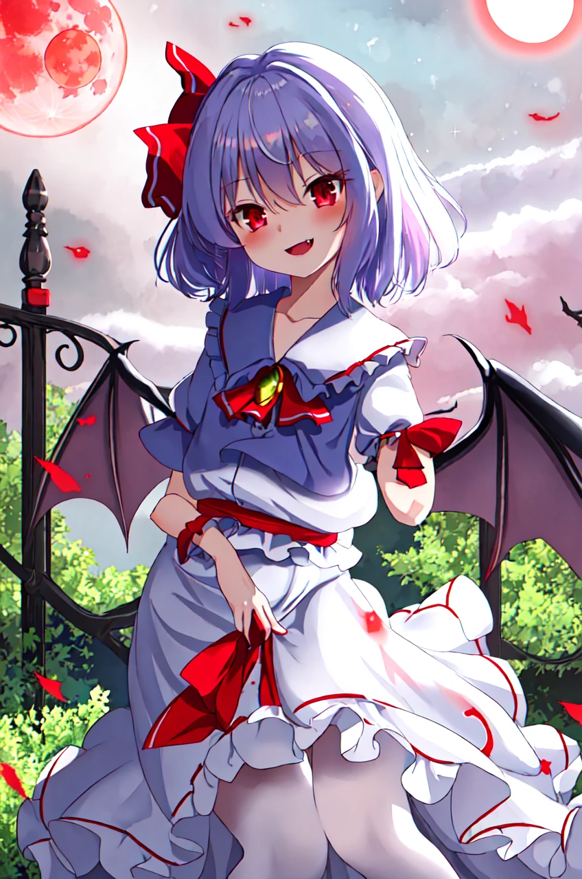 masterpiece, best quality,ultra detail,remilia_scarlet_touhou shiny eyes,shiny hair,star effect,evil smile,stylish angle, fang,red moon night,white clothes,open arms,starburst effect,from below,fullbody shot, yuri 