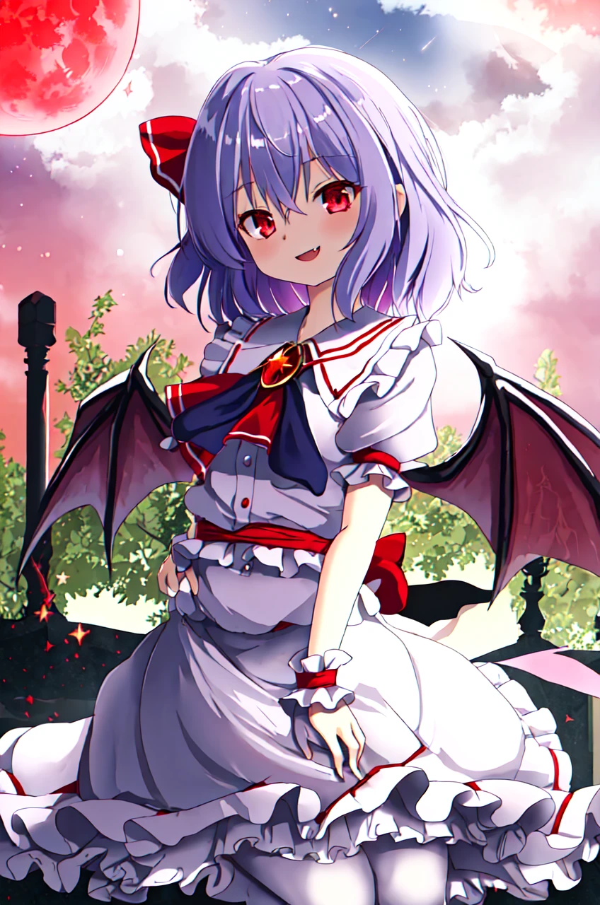masterpiece, best quality,ultra detail,remilia_scarlet_touhou shiny eyes,shiny hair,star effect,evil smile,stylish angle, fang,red moon night,white clothes,open arms,starburst effect,from below,fullbody shot, yuri