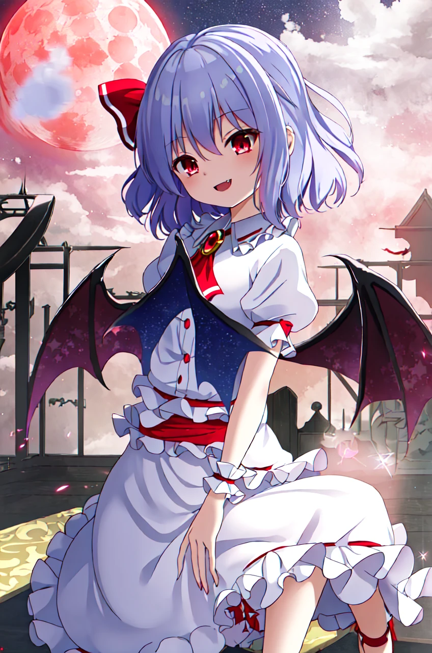 masterpiece, best quality,ultra detail,remilia_scarlet_touhou shiny eyes,shiny hair,star effect,evil smile,stylish angle, fang,red moon night,white clothes,open arms,starburst effect,from below,fullbody shot, yuri
