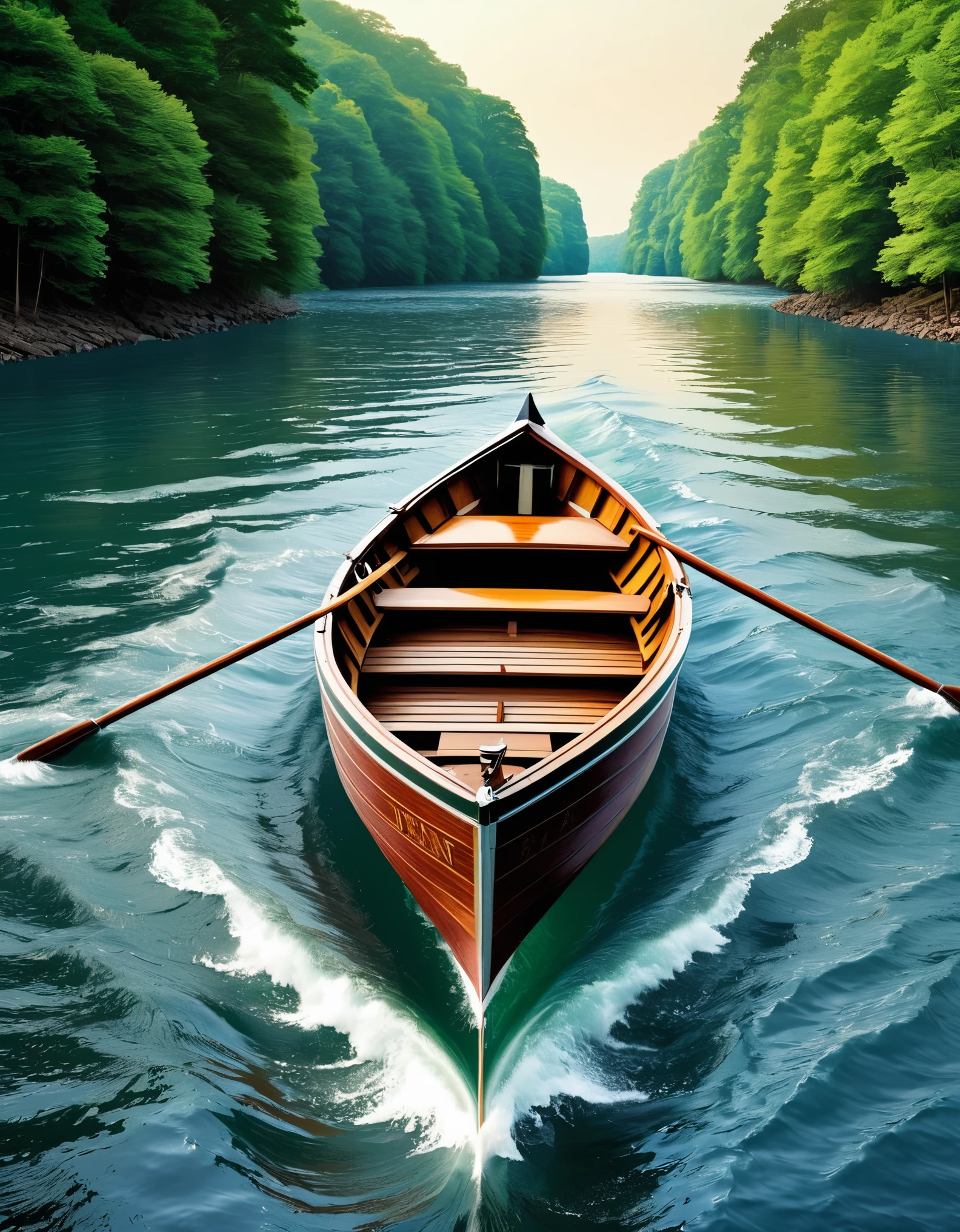 Create an image that visually represents the quote "So we beat on, boats against the current, borne back ceaselessly into the past" from the book "The Great Gatsby" by F. Scott Fitzgerald.

The image should feature a rowboat or a small boat on a river. The boat should be heading against a strong current, struggling to make progress, with the past represented by historical scenes and events fading into the distance behind it. The image should convey a sense of determined effort and the idea of individuals striving against the inexorable pull of time and history, which is a central theme in the novel