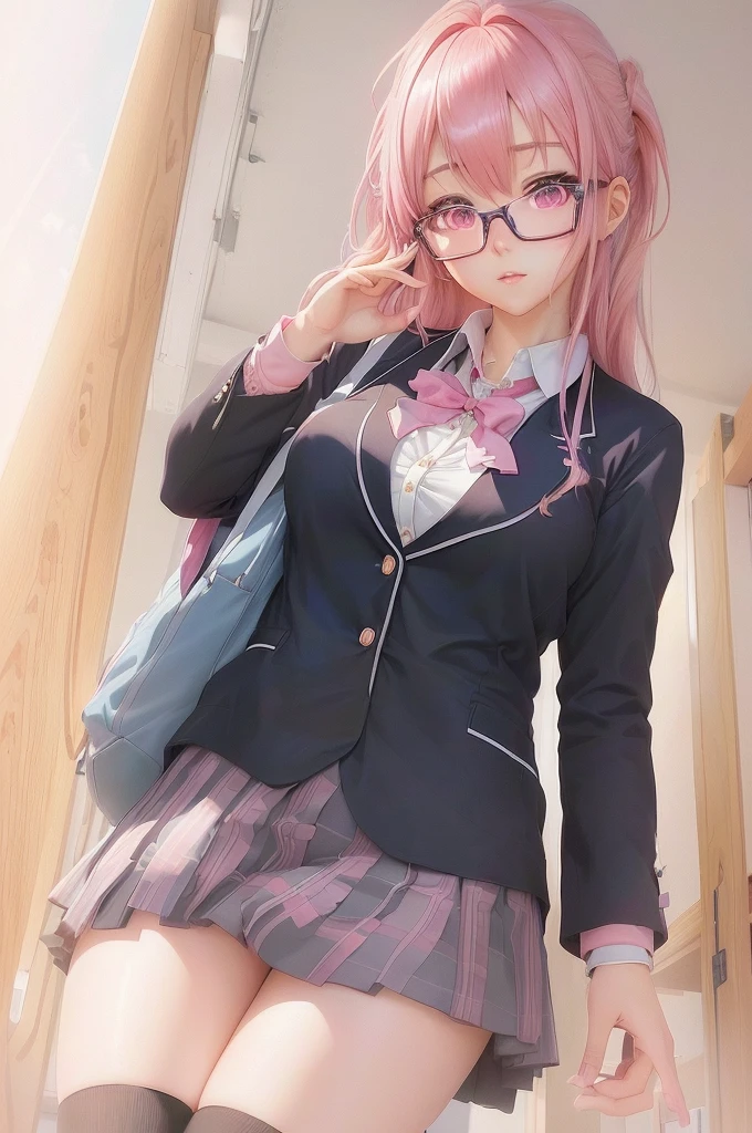 anime girl Wearing glasses and a pink hair in a , Beautiful anime school girl, hyperRealistic school girl, Realistic school girl, Surreal , Smooth anime CG art, Gweiz-style artwork, Enchanting anime girl, Zerochan Art, Soft anime illustration, Wearing glasses, Beautiful and detailed anime art, Detailed digital anime art