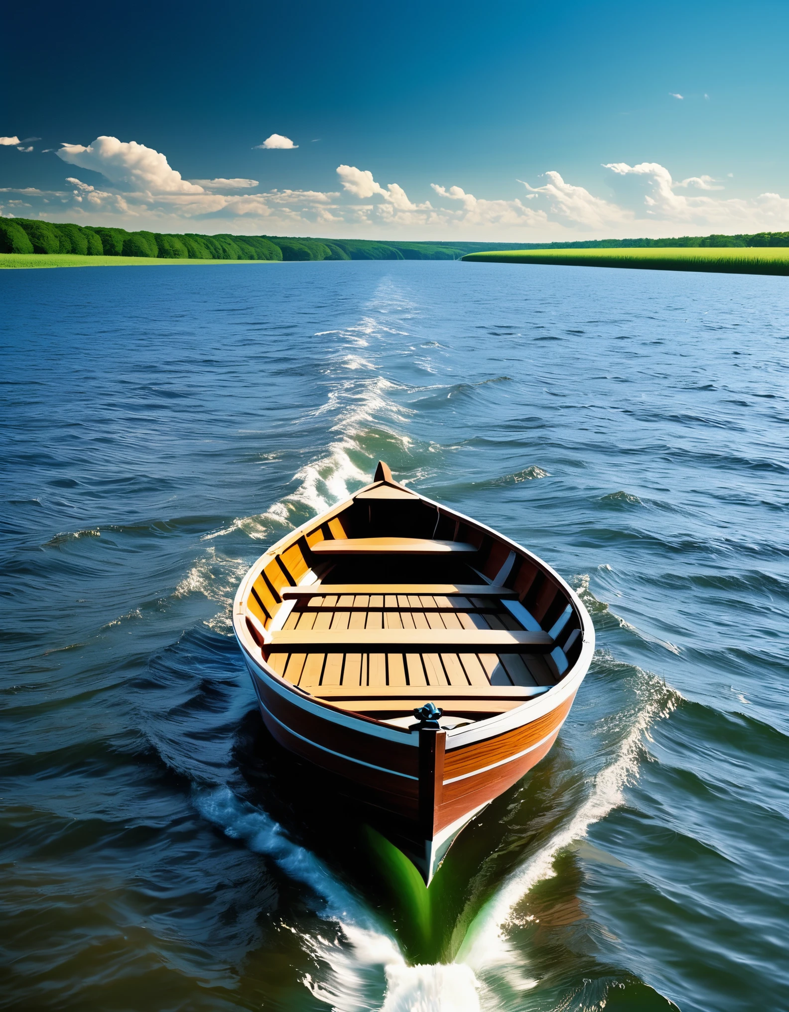Create an image that visually represents the quote "So we beat on, boats against the current, borne back ceaselessly into the past" from the book "The Great Gatsby" by F. Scott Fitzgerald.
The image should feature a rowboat or a small boat on a river. The boat should be heading against a strong current, struggling to make progress, with the past represented by historical scenes and events fading into the distance behind it. The image should convey a sense of determined effort and the idea of individuals striving against the inexorable pull of time and history, which is a central theme in the novel
