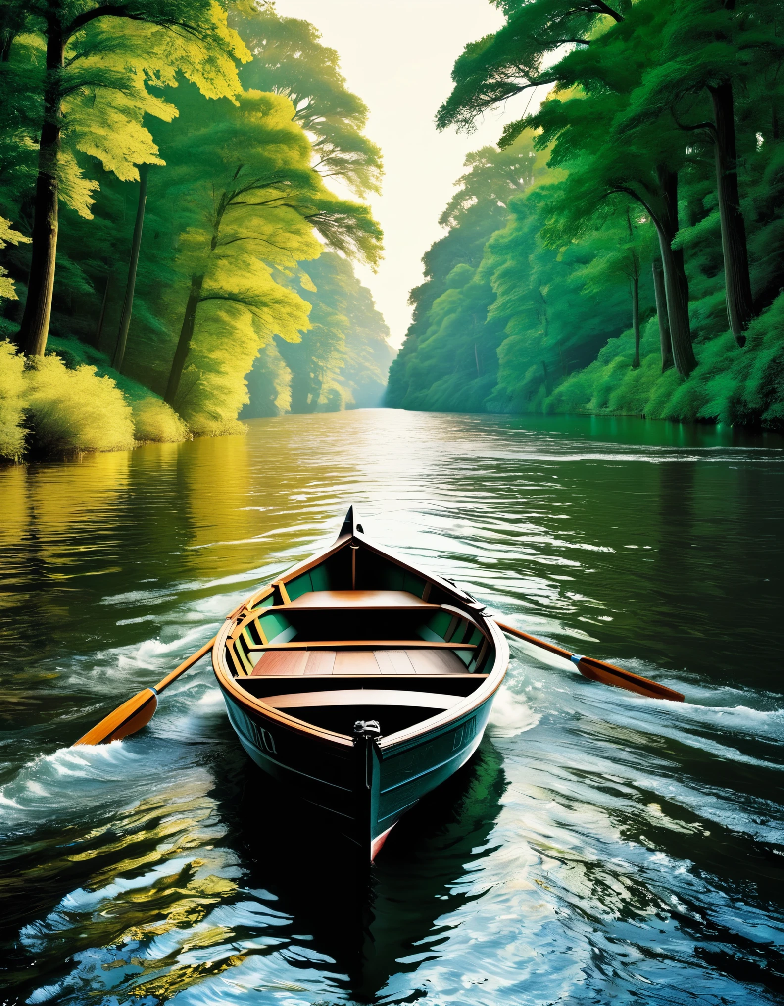 Create an image that visually represents the quote "So we beat on, boats against the current, borne back ceaselessly into the past" from the book "The Great Gatsby" by F. Scott Fitzgerald.
The image should feature a rowboat or a small boat on a river. The boat should be heading against a strong current, struggling to make progress, with the past represented by historical scenes and events fading into the distance behind it. The image should convey a sense of determined effort and the idea of individuals striving against the inexorable pull of time and history, which is a central theme in the novel