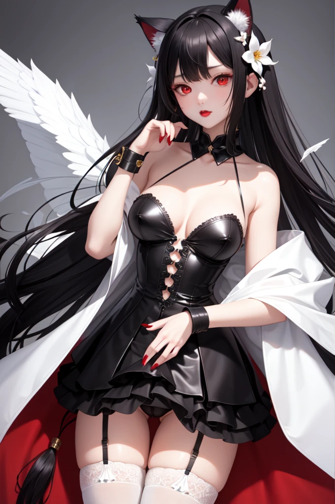 32k, best quality, ，Handcuffs，Collar，Cat ear，Black long hair,Red lips，Slim，Wearing a white coat，White garter stockings，Large Breasts，Charming red eye，expensive_solve, Clear_image, Detailed background, girl, flower, flower园,  Beautiful shape, Many butterflies々,蓝色小flower，flower园