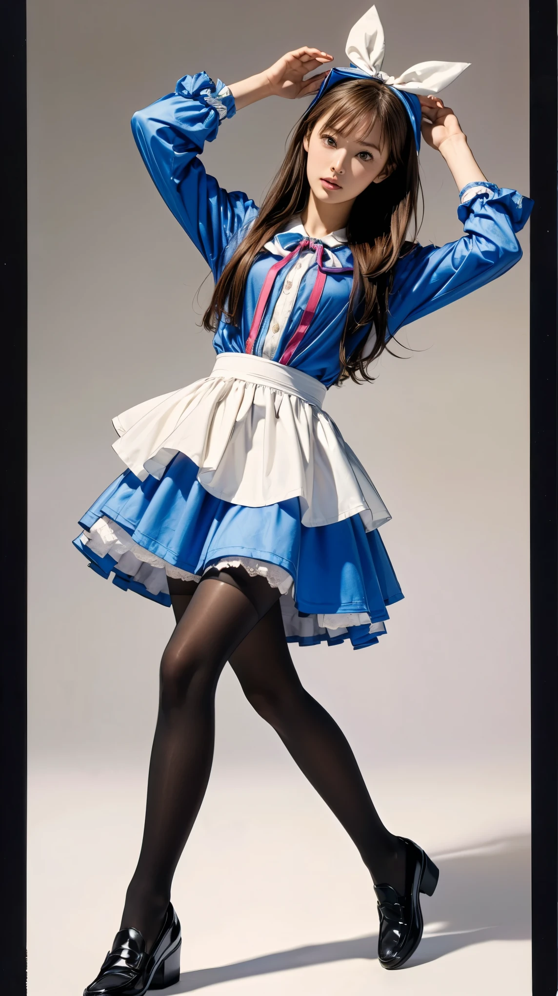 ((masterpiece)),(((Highest quality))),Thin thighs,Long legs,((Alice in Wonderland, wearing a large ribbon on your head,, wear black tights，loafers))、20 year old Japanese woman， (Very slim:1.4)、Low - Angle，Walking with arms raised:1.5，