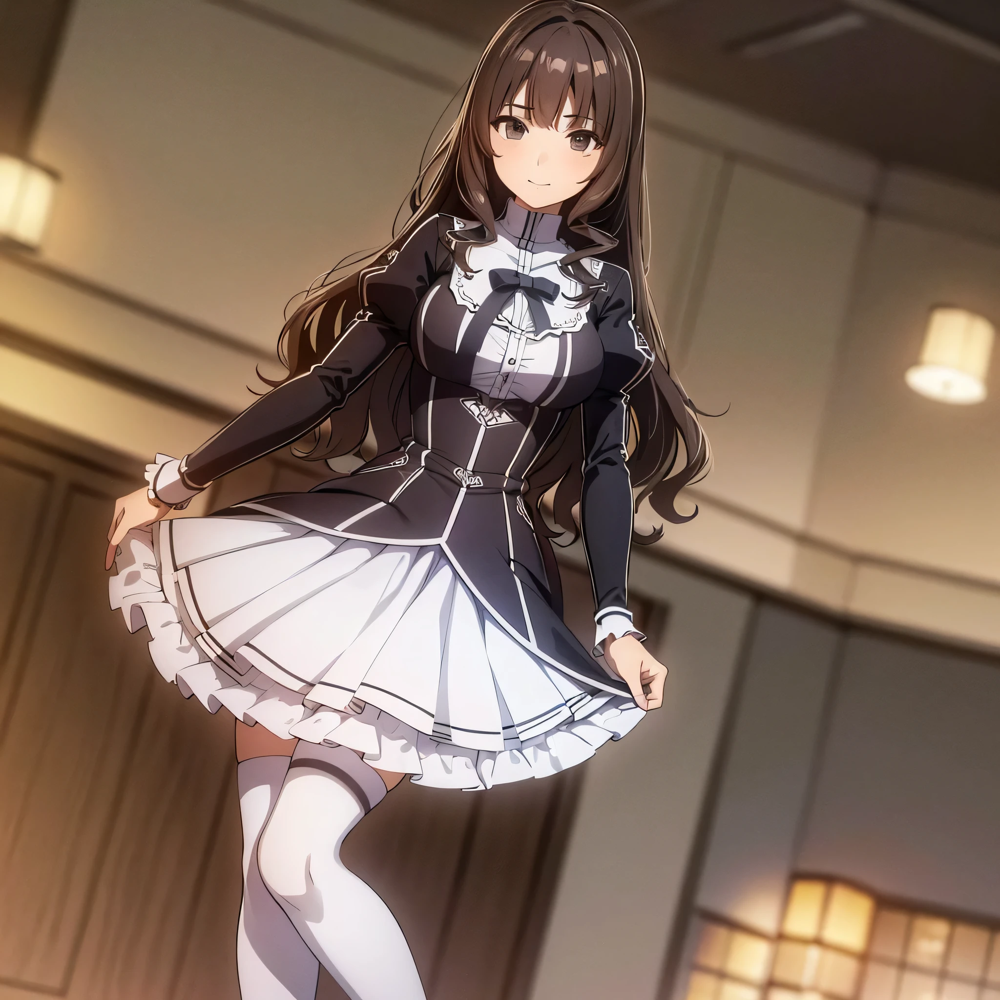 a masterpiece of two identical twin girls with curly brown hair, hazel eyes, and matching school uniforms with sexy lace accents, ribbons, and rainbow short skirts, wearing white thigh-high socks and black high heels, posing together with a seductive smile, flat color background, full body, ultra-detailed, (best quality,4k,8k,highres,masterpiece:1.2),ultra-detailed,(realistic,photorealistic,photo-realistic:1.37)