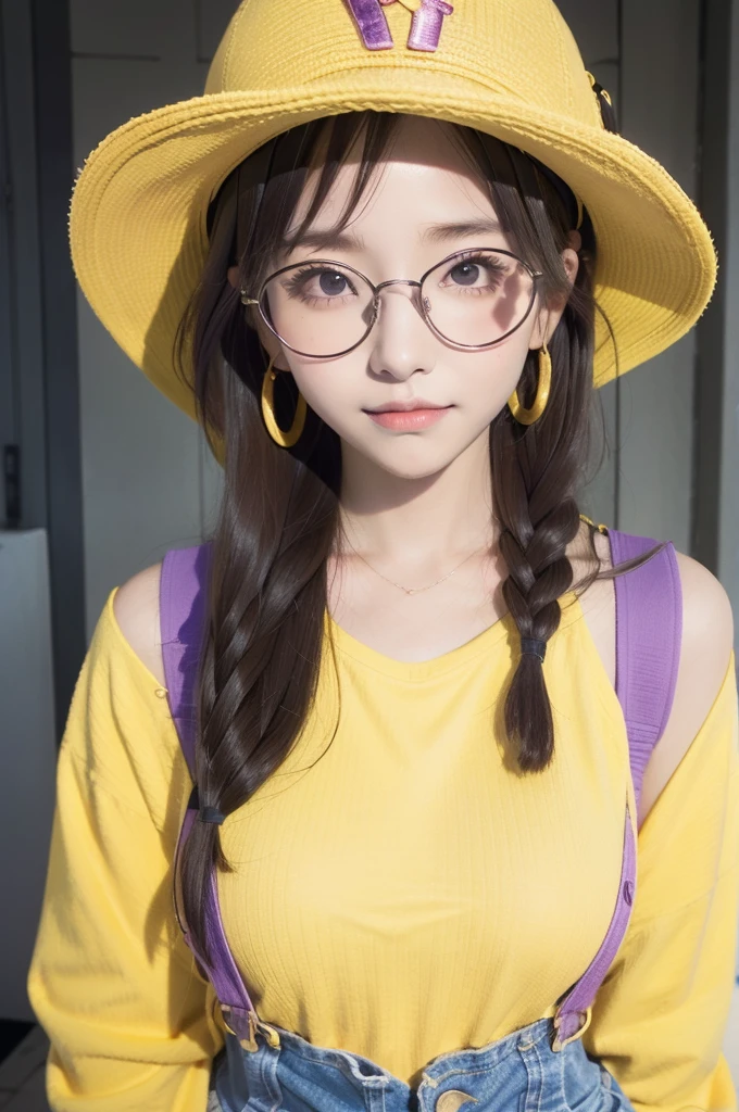 animeARALE,hair(purple、Shoulder length)、Big glasses、hat(red、Hat brim yellow、hatの左右に羽が付いてる)、Overalls up to the chest、Pink T-shirt、girl、high quality、high resolution