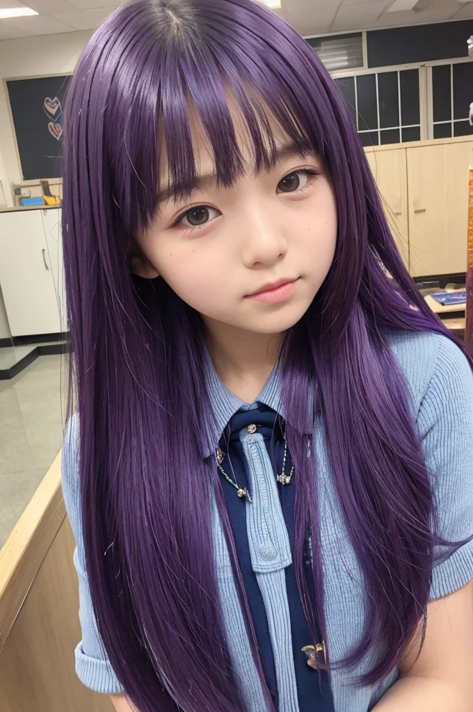 A high school girl with long purple hair