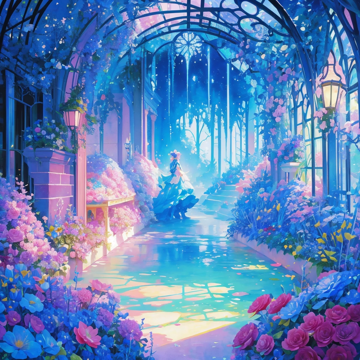 florals ,Colorful flowers ,background are the flowers,Surrounded by flowers,Seamless design,Fantasy Forest, neonlight, Realistic, Glow,Manhwa Style, Paint with vivid watercolors ,extremely detaile, highly detailed, tmasterpiece, Fairy tale background, in wonderland, Dynamic colors, Fairytale glow,