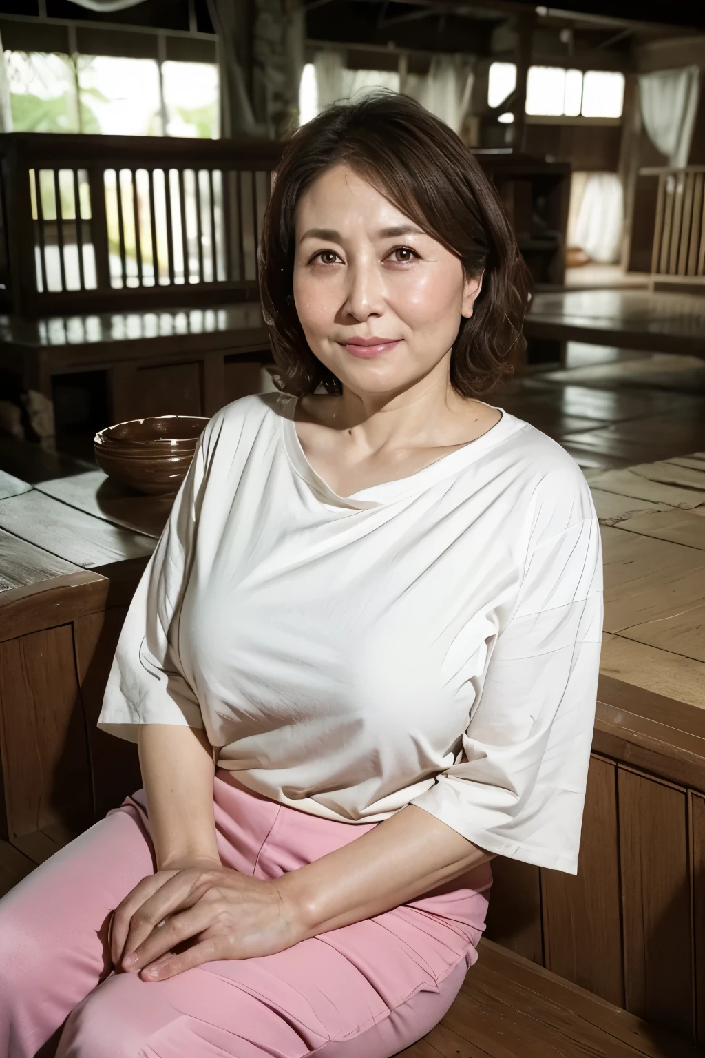 Aunt in Osaka、Organic Photography、best quality、masterpiece、Ultra-high resolution、Beautiful old lady、50 years old、looking at the audience、Elegant face、Toothy Smile、Large Breasts,Wear a pink tight T-shirt,White skirt、Wavy Hair、Hot Pants,In an abandoned house,Collapsed House,Background blur
