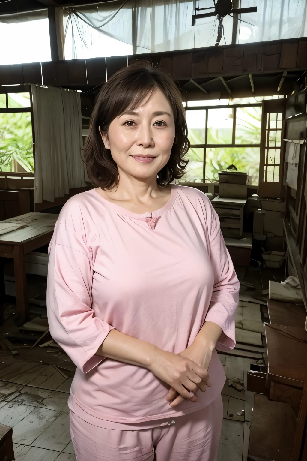 Aunt in Osaka、Organic Photography、best quality、masterpiece、Ultra-high resolution、Beautiful old lady、50 years old、looking at the audience、Elegant face、Toothy Smile、Large Breasts,Wear a pink tight T-shirt,White skirt、Wavy Hair、Hot Pants,In an abandoned house,Collapsed House,Background blur