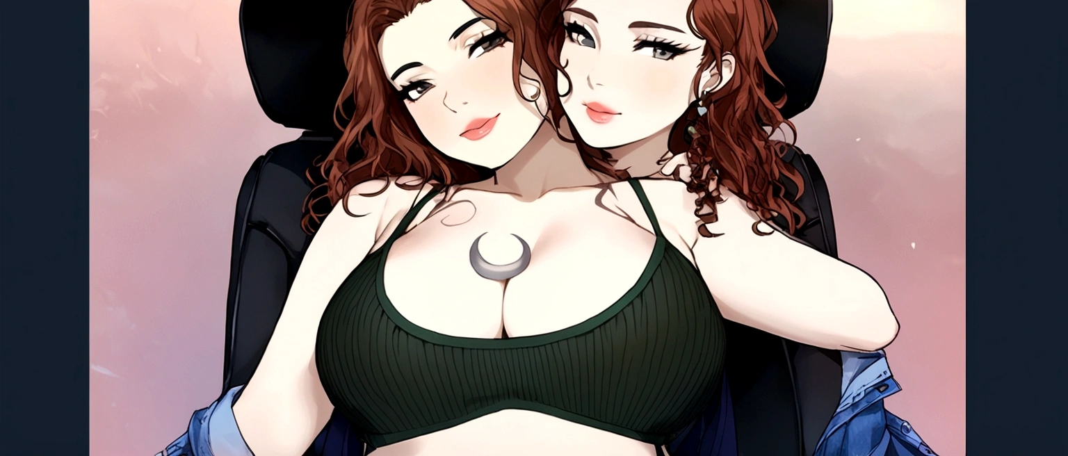 a red-haired fairy, curled hair, tattoo of a half moon on the chest, big-ass